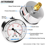 MEANLIN MEASURE -30inHG~0Psi Stainless Steel 1/4" NPT 2.5" FACE DIAL Vacuum Pressure Gauge, Center Back Mount, with 1/4" x 1/2" NPT and 1/4" x 3/8" NPT Hex Bushing