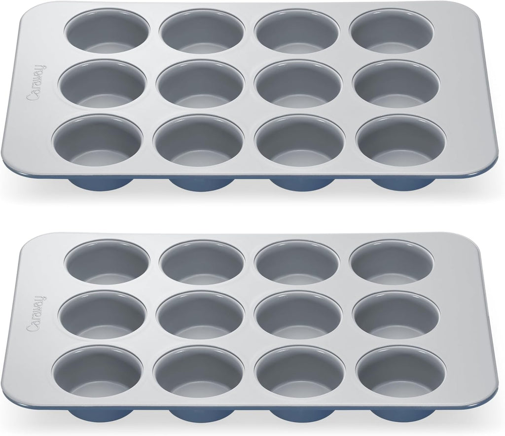 Caraway Non-Stick Ceramic 12-Cup Muffin Pan Duo - Naturally Slick Ceramic Coating - Non-Toxic, PTFE & PFOA Free - Perfect for Cupcakes, Muffins, and More - Slate