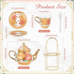 Zhehao 20 Pcs Porcelain Tea Set with Metal Holder and Spoon Adult Ceramic Tea Party Set European Flower Painting Teapot Cup Saucer Spoon Set for Women, Large Version(Stylish Style)