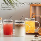 KEMORELA 2 Pack Fine-Ribbed Glass Tumblers with Handle and Lid – 1000ml / 34oz Iced Coffee Cups with Reusable Straws – Large Clear Glass Mugs for Smoothies, Juice & Daily Drinks (2 Pack-Ribbed-Fine)