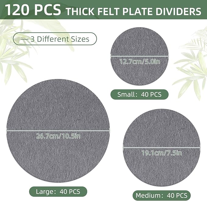 120Pcs Plate Separators Storage, Soft Felt Plate Dividers, Round Dish Storage Protectors Pads with 3 Different Size (Grey)