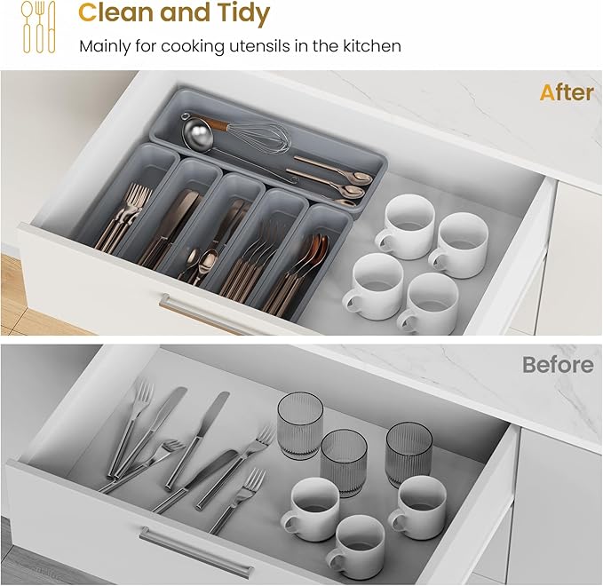 6 Pack Silicone Drawer Organizer for Kitchen, DIY Free Combination Silverware Organizer, Utensil Drawer Organizer, Moisture-proof and Heat-resistant up to 200°C, Anti-slip and Environmentally (Grey)