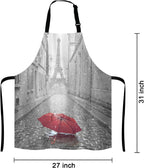 Paris France Apron, Red Umbrella in Rain Eiffel Tower Unisex Kitchen Bib with Adjustable Neck for Cooking Gardening,Adult Size