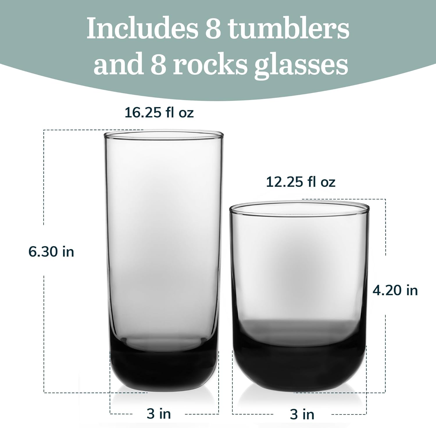 Libbey Polaris Tumbler and Rocks Glass Set, Smoke Hue Drinkware Glasses Set, Lead-Free Tall Water Glasses with Modern Clean Lines, Dishwasher Safe Drinking Glasses Set of 16