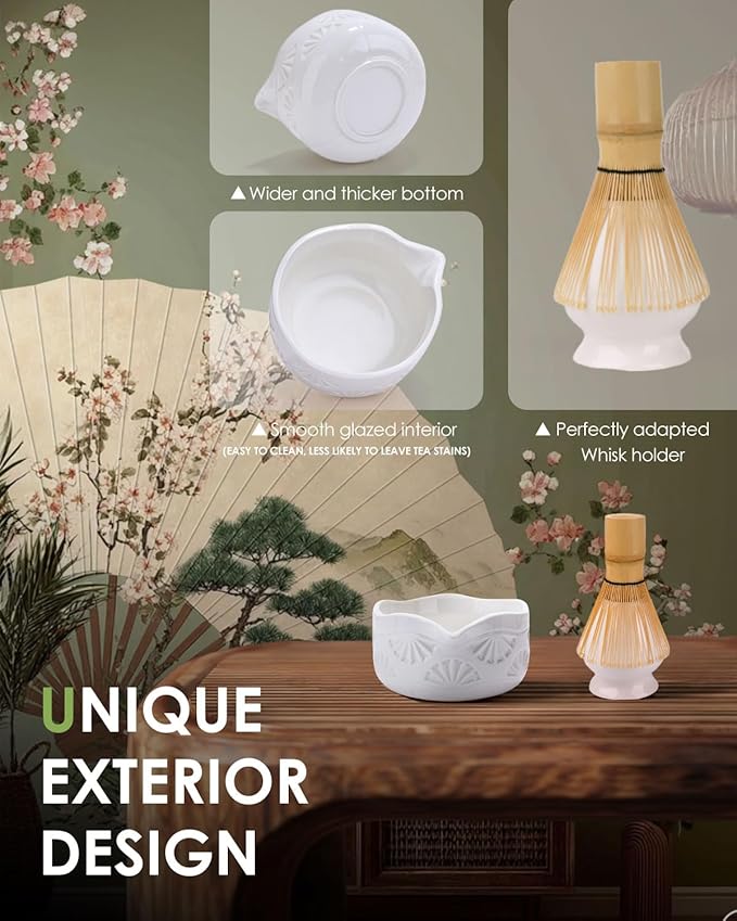 Matcha Whisk Set, Ceramic Matcha Set Includes Bowl with Spout, Whisk and Holder, Bamboo Scoop, Sifter and Tea Towel - 6 Pcs Matcha Kit Gift for Matcha Lovers (White)