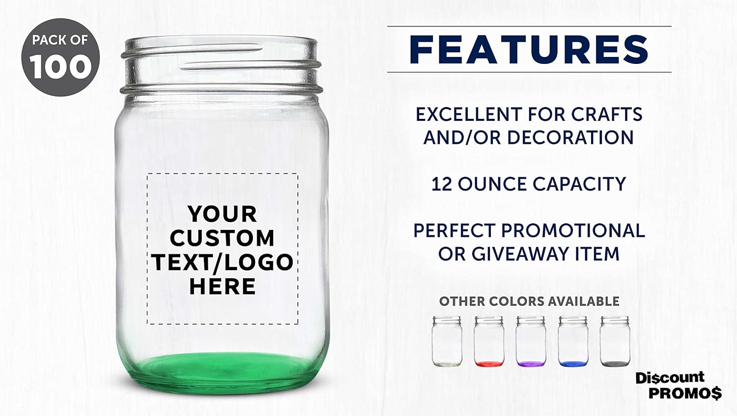 DISCOUNT PROMOS Custom Decorating Mason Jars 12 oz. Set of 100, Personalized Bulk Pack - Glass Jars for Overnight Oats, Candies, Fruits, Pickles, Spices, Beverages - Green