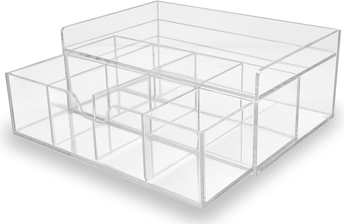 Acrylic Tea Station Organizer for Countertop - Tea Bag Organizer Drawer, Clear Lucite K Cup and Coffee Pod Storage box with 8 Compartments, Tea Caddy Creamer Holder Display Stand