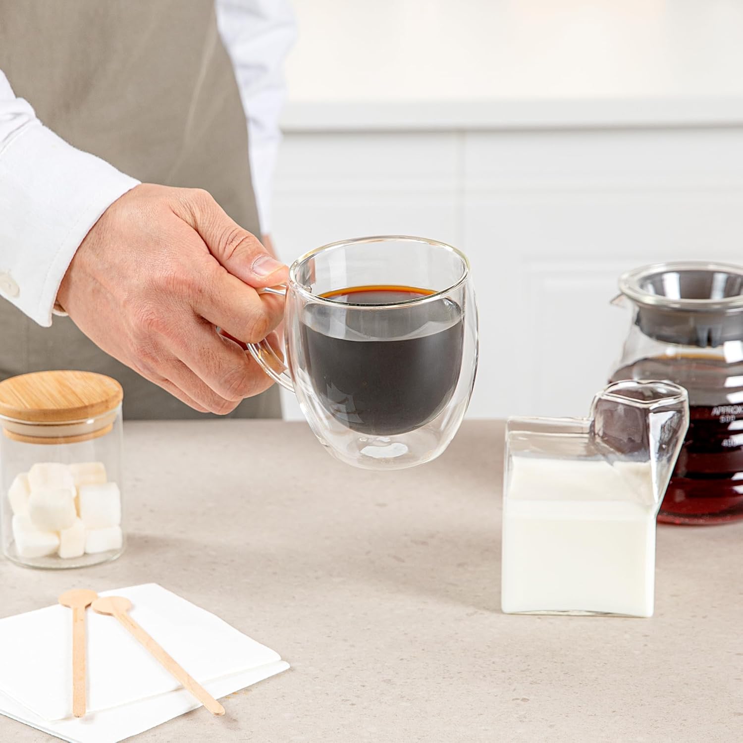 Restaurantware-Forma Professional 8.5 Ounce Glass Coffee Cups, 12 Insulated Coffee Cups With Handle - Dishwashable, Reusable, Clear Double Wall Beverage Tumblers, Freezable, For Hot Or Cold Beverages