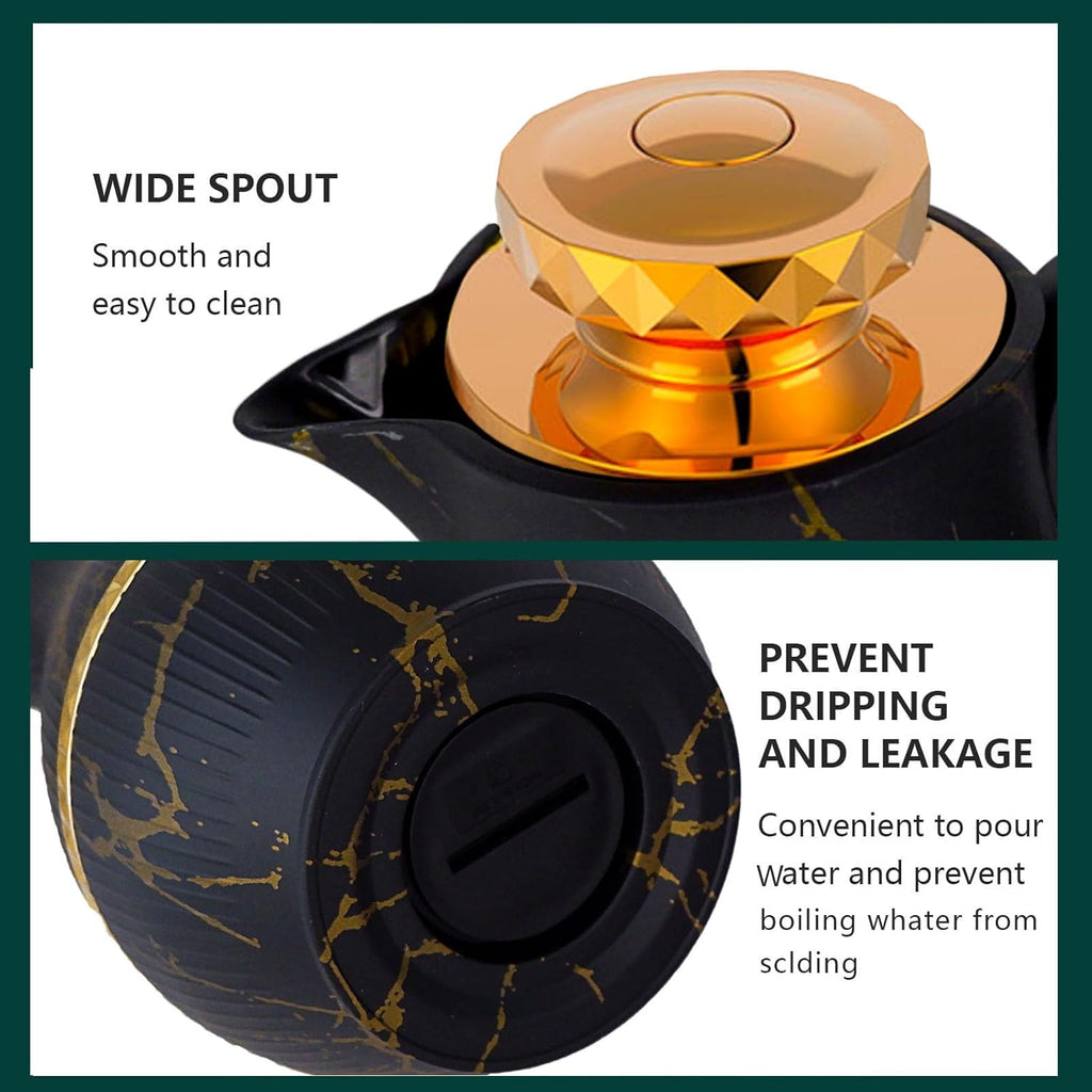 Insulated Thermal Coffee Carafe, 33 oz, Luxury Arabic-Style Insulated Carafe Flask, Coffee Tea Pot, with Spout and Glass Liner for Hot Cold Water, Housewarming Ornaments (Black and Gold)