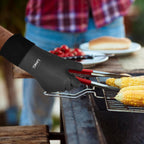 Kitchen Oven Gloves - Dual-Layer Heat Resistant Grilling Gloves, Silicone Oven Mitts with 5 Fingers, Waterproof Non-Slip Pot Holder for Barbecue, Cooking, Baking (Small, Black Long)