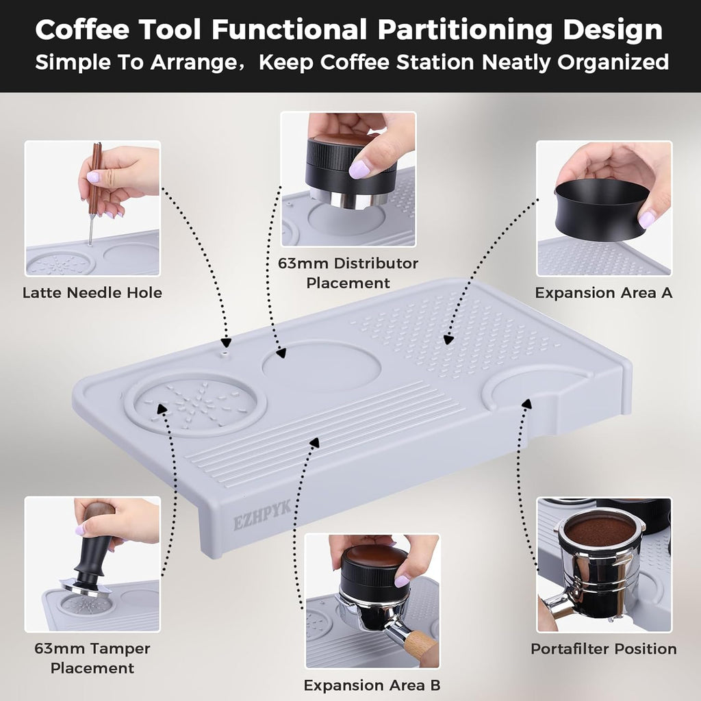 Food Grade Silicone Espresso Tamping Mat for Counter – Multi-Slot Coffee Tamper Mat for Barista Espresso Machine Accessories – Waterproof Neat Tamp Station Coffee Bar Mat for Countertop Gray
