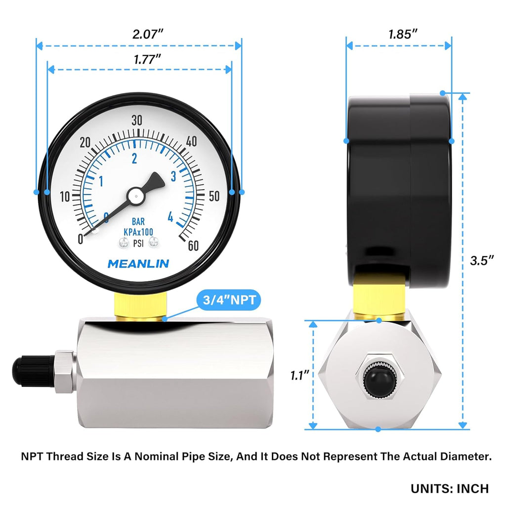 MEANLIN MEASURE 0-60Psi 2" Steel Double Graduated Air Test Pressure gauges, 3/4" FNPT Connection, -3-2-3% Accuracy
