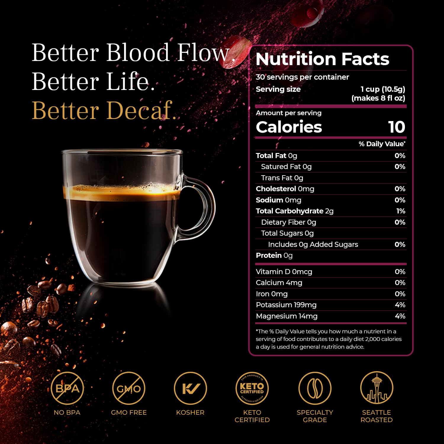 VINIA Blood Flow DECAF Coffee - Medium Roast Superfood Coffee Pods, Swiss Water Process Powered by Red Grape Piceid Resveratrol Boost Energy Compatible with K Cup Coffee Pods Machines, Caffeine Free, 30 Ct