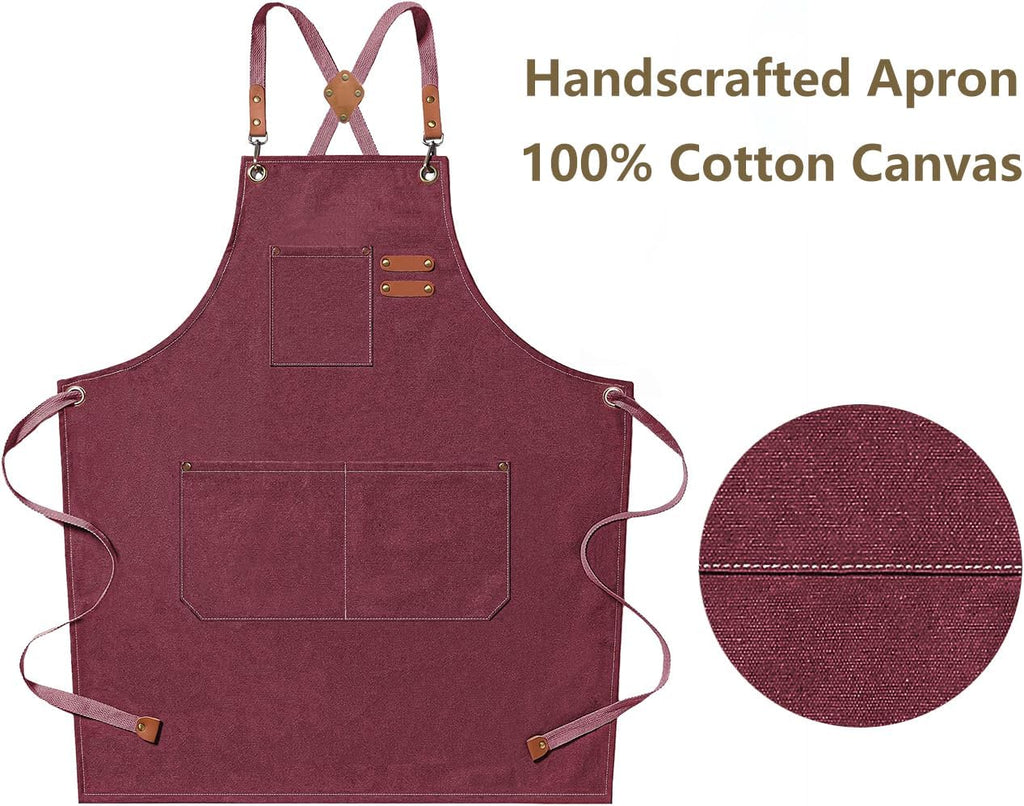 AFUN Chef Aprons for Men Women with Large Pockets, Cotton Canvas Cross Back Heavy Duty Adjustable Work Apron, Size M to XXL(Darkred)
