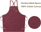 AFUN Chef Aprons for Men Women with Large Pockets, Cotton Canvas Cross Back Heavy Duty Adjustable Work Apron, Size M to XXL(Darkred)