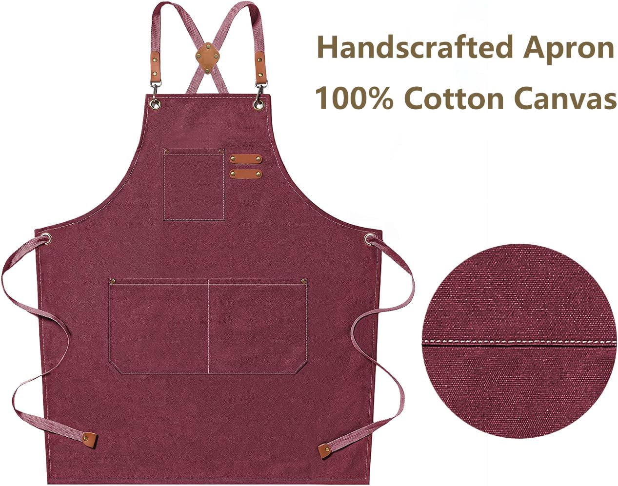 AFUN Chef Aprons for Men Women with Large Pockets, Cotton Canvas Cross Back Heavy Duty Adjustable Work Apron, Size M to XXL(Darkred)