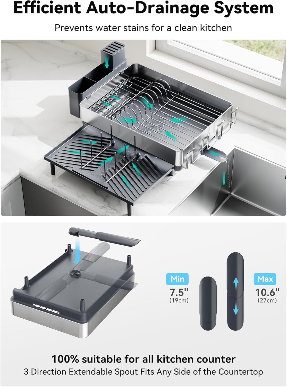 SUNLY Large Dish Drying Rack, Expandable Dish Racks for Kitchen Counter, Space Saving 304 Stainless Steel Drying Rack Kitchen, Extra Large Drainer with Multifunctional Flip Up Pegs, Gray