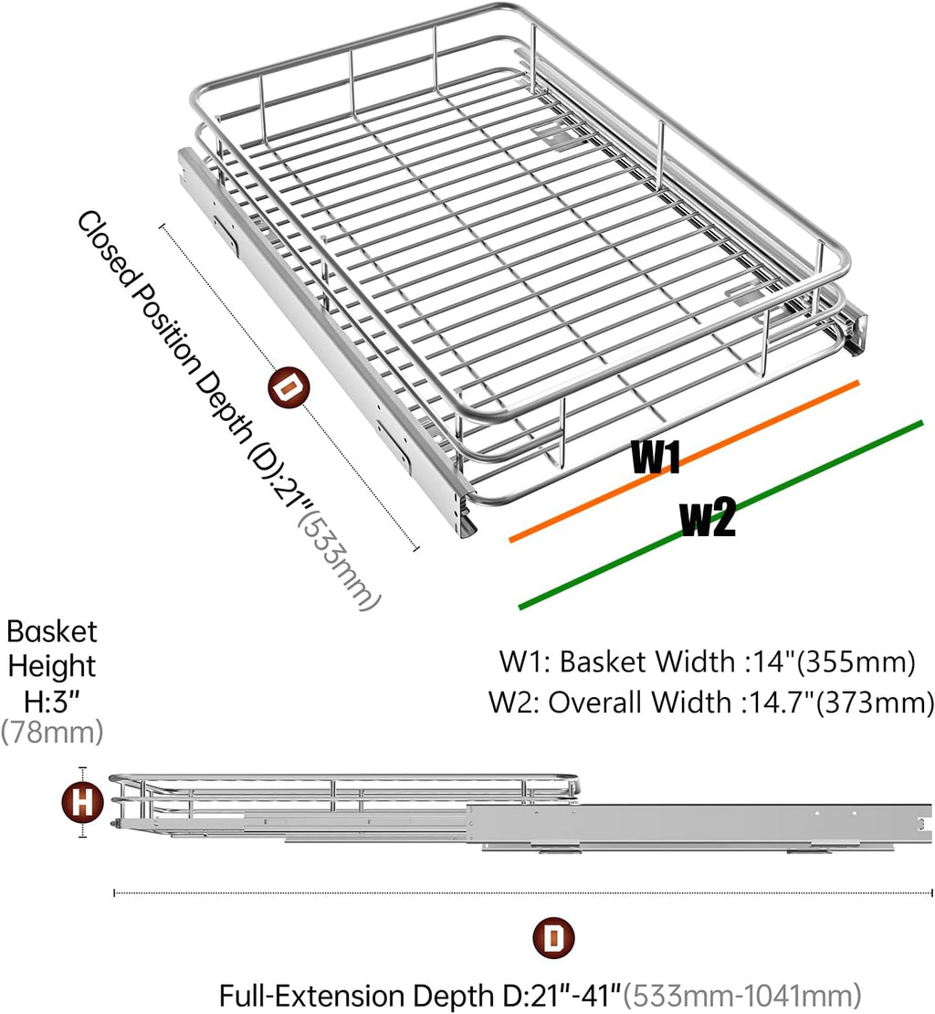 Cabinet Pull Out Shelves (14"W x 21"D), Heavy-Duty Pull Out Shelves for Kitchen Cabinets, Chrome-Plated Steel Slide Out Shelf