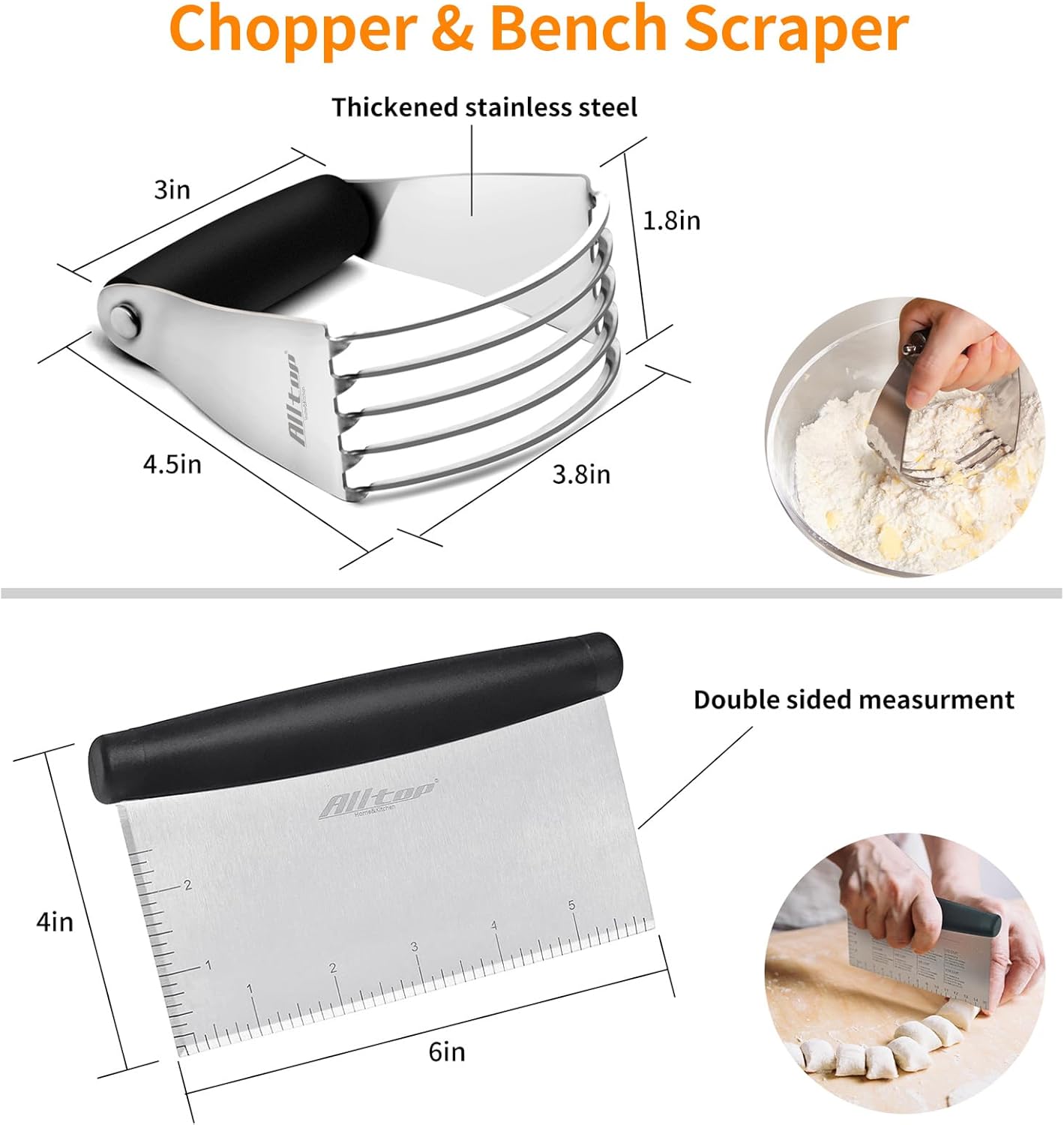 ALLTOP Stainless Steel Bench Scraper and Pastry Blender Cutter Set, Efficient Multipurpose Kitchen Baking Essential Tool with Comfortable Grip Handle-Perfect for Nut, Pie and Dough Processing - Black
