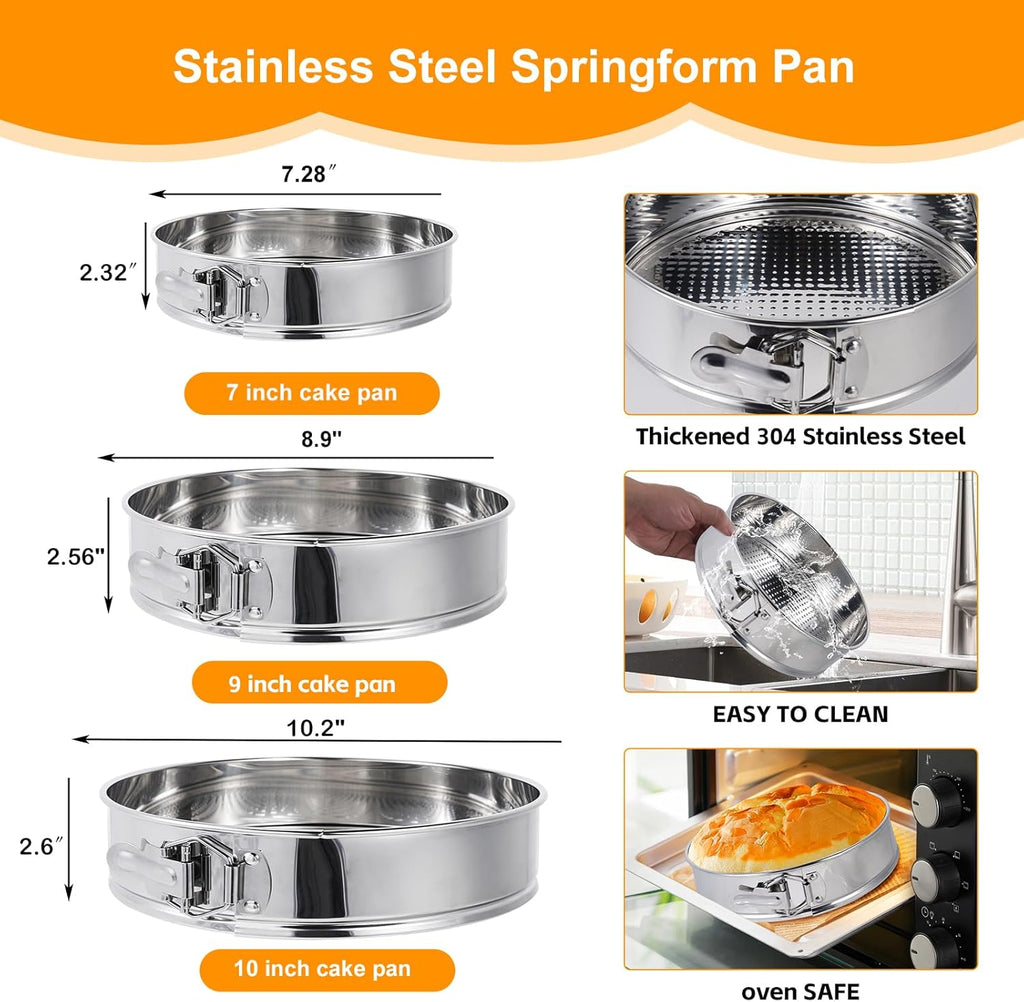 Aufind Springform Pan Set for Baking (7,9,10inches), 304 Stainless Steel Springform Cake Pan with Removable Bottom, Cheesecake Pan with 50PCS Parchment Paper for Pie Cake Pizza and Quiches