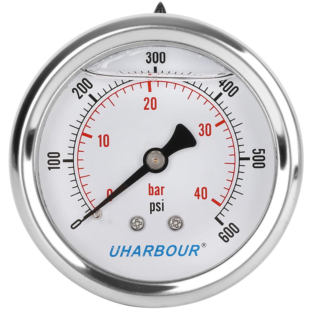Glycerin Filled Pressure Gauge 600psi/40bar, Stainless Steel case, Brass Inside Construction, 2-1/2" dial, 1/4" NPT Back Connection.……