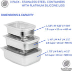 Stainless Steel Food Storage Containers with Clear Platinum Silicone Lids, Airtight, Leakproof 18/8 (304) Food Grade SS Nested 3Pk 20/30/40 oz Plastic-Free