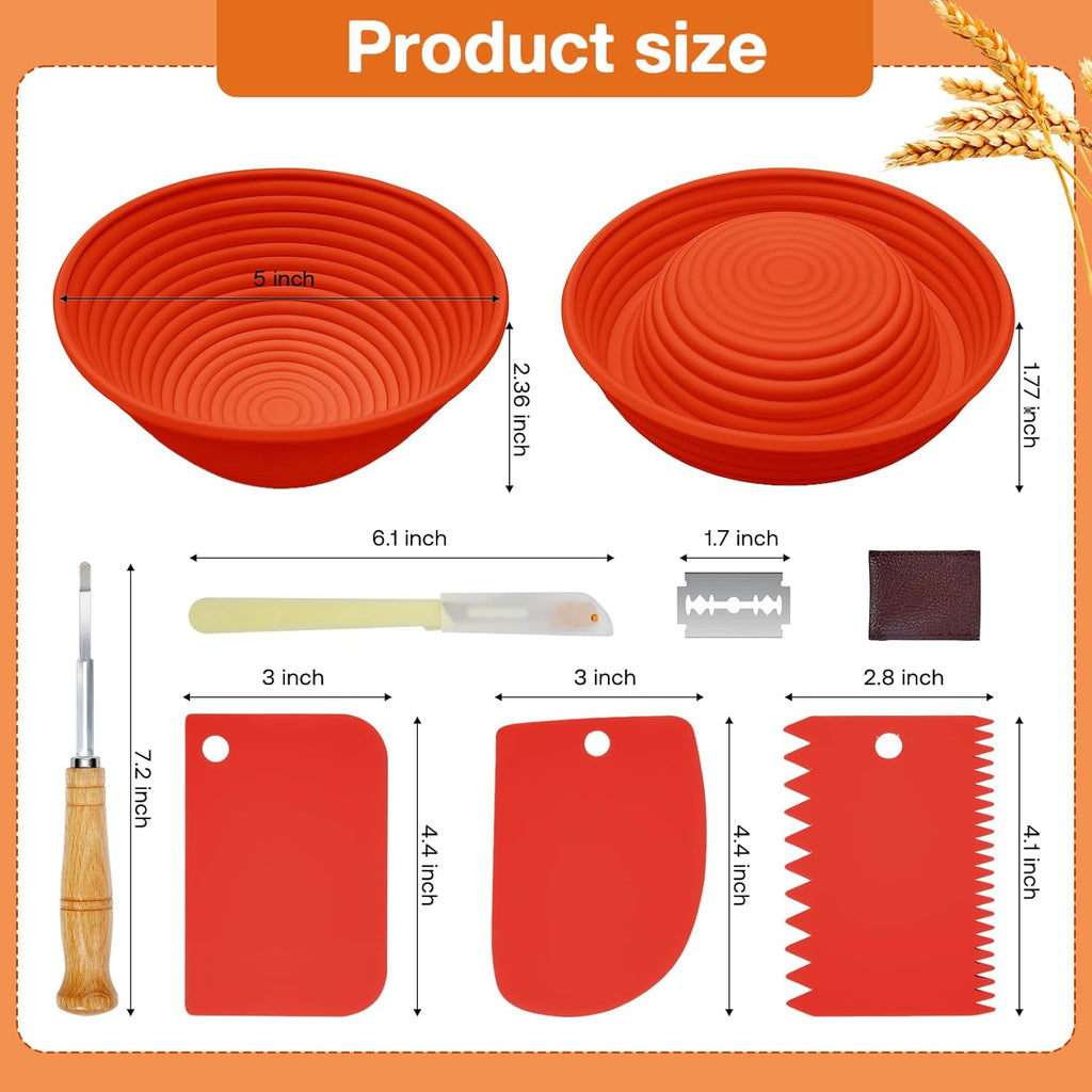 Silicone Banneton, Sourdough Bread Baskets (Set of 6, 5 Inch), Round Proofing Bread Bowls with Starter Kit, Bread Making Baking Supplies