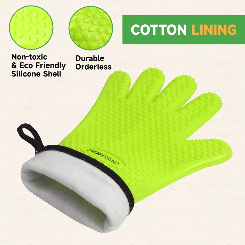 GEEKHOM BBQ Gloves Heat Resistant Oven Mitts - Silicone Grilling Gloves with 13.7" Arm Protection - Waterproof Pot Holder Non-Slip for Men & Women, Kitchen Outdoor Cooking, Baking, Camping, Green