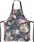 Cute Fox Family and Flowers Bib Apron with Adjustable Neck for Men Women,Suitable for Home Kitchen Cooking Waitress Chef Grill Bistro Baking Apron