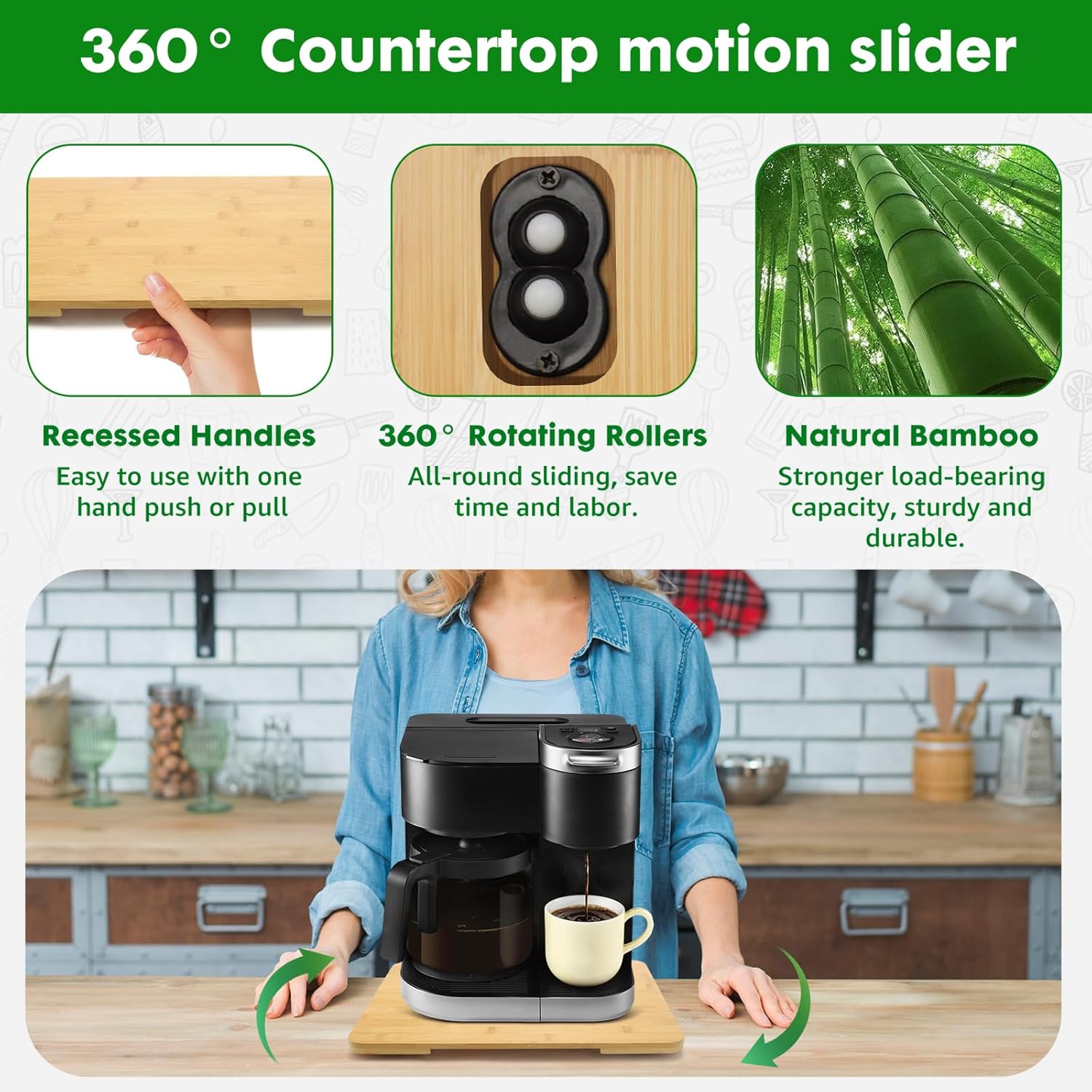 Appliance Slider 360° Rolling Tray for Coffee Maker- Bamboo Coffee Pot Slider Tray Countertop Rotation Sliding Tray with Wheels, Small Appliances Mat (Medium13.9"×11.6")