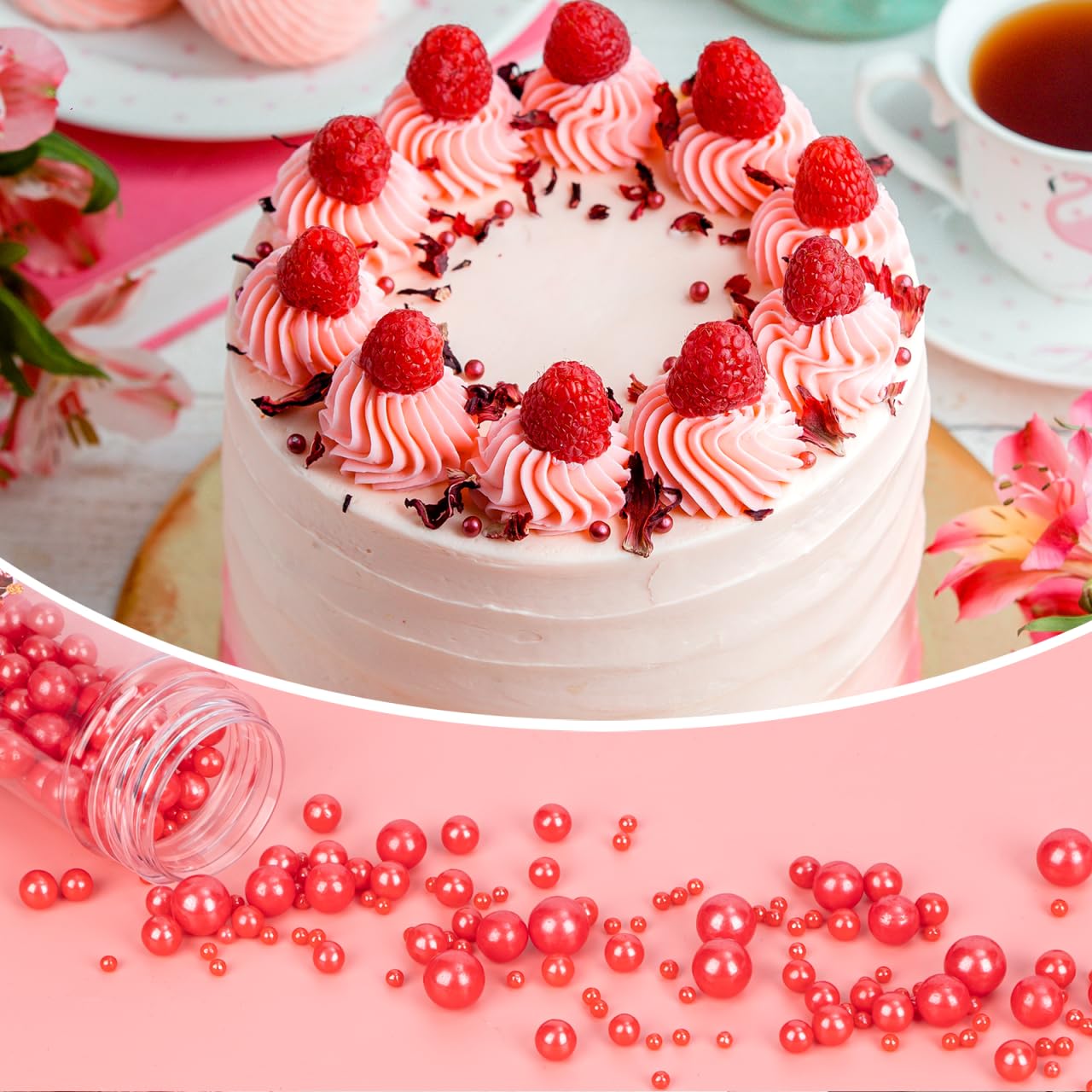 Twisweet Red Pearl Sprinkles for Cake Decorating, Edible Sugar Pearls for Baking, Mix Size, Cake Topper Cupcake Cookie Ice Cream Dessert Decorations, Valentines Birthday Christmas Supplies (130g/4.58oz)