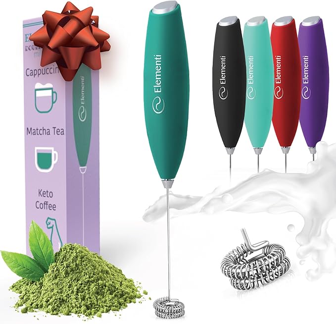 Elementi Matcha Whisk - Electric Milk Frother & Drink Mixer Handheld - Matcha Frother Wand - Protein Mixer & Electric Whisk For Coffee - Make Creamy Lattes at Home (Emerald Green)