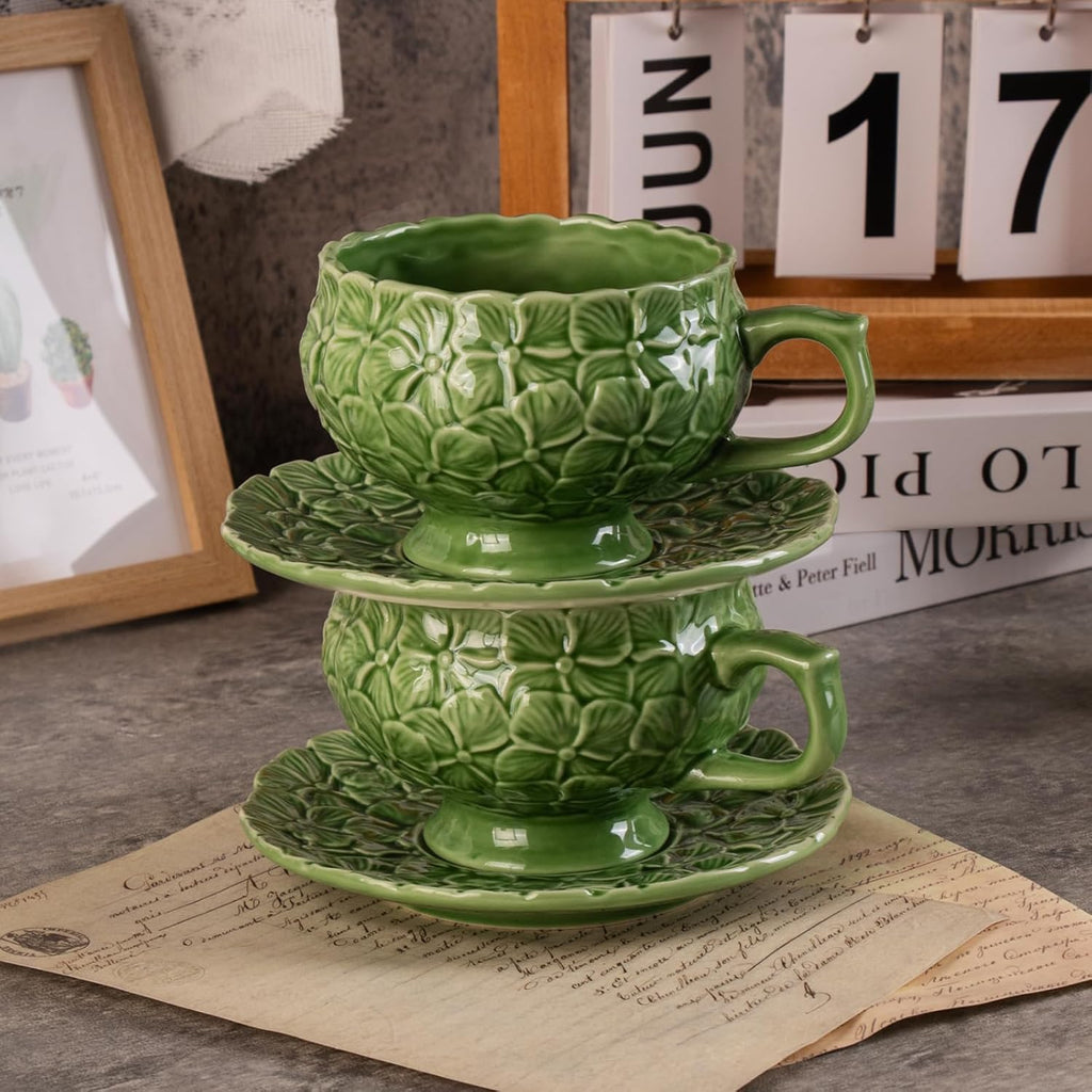 KAMMAK Tea Cups and Saucers Set of 2, Porcelain Coffee Cups, 8.5-Ounce Stackable Espresso Mugs, Ceramic Demitasse for Coffee, Latte, Americano, Tea, Green Flower