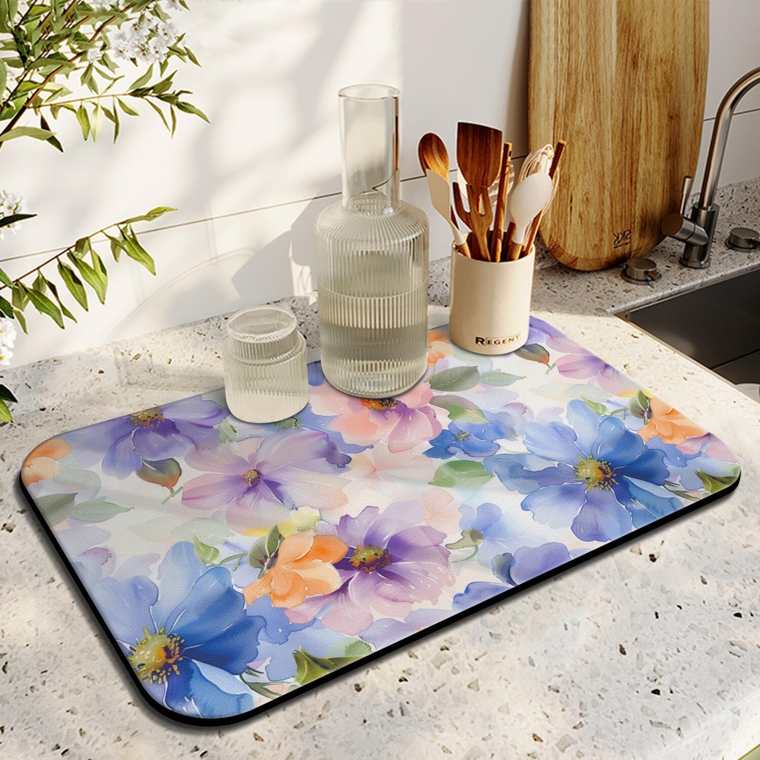 Floral Kitchen Counter Mat, 12 x 19.5 inches, Watercolor Design, Non-Slip Backing, Fast Drying