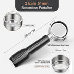 51mm Bottomless Portafilter & Puck Screen, 2 Ears Stainless Steel Head, Only Compatible with De'Longhi ECP3420, EC155, BCO430, EC260, and ECP3120, Includes 304 Stainless Steel Filter Basket