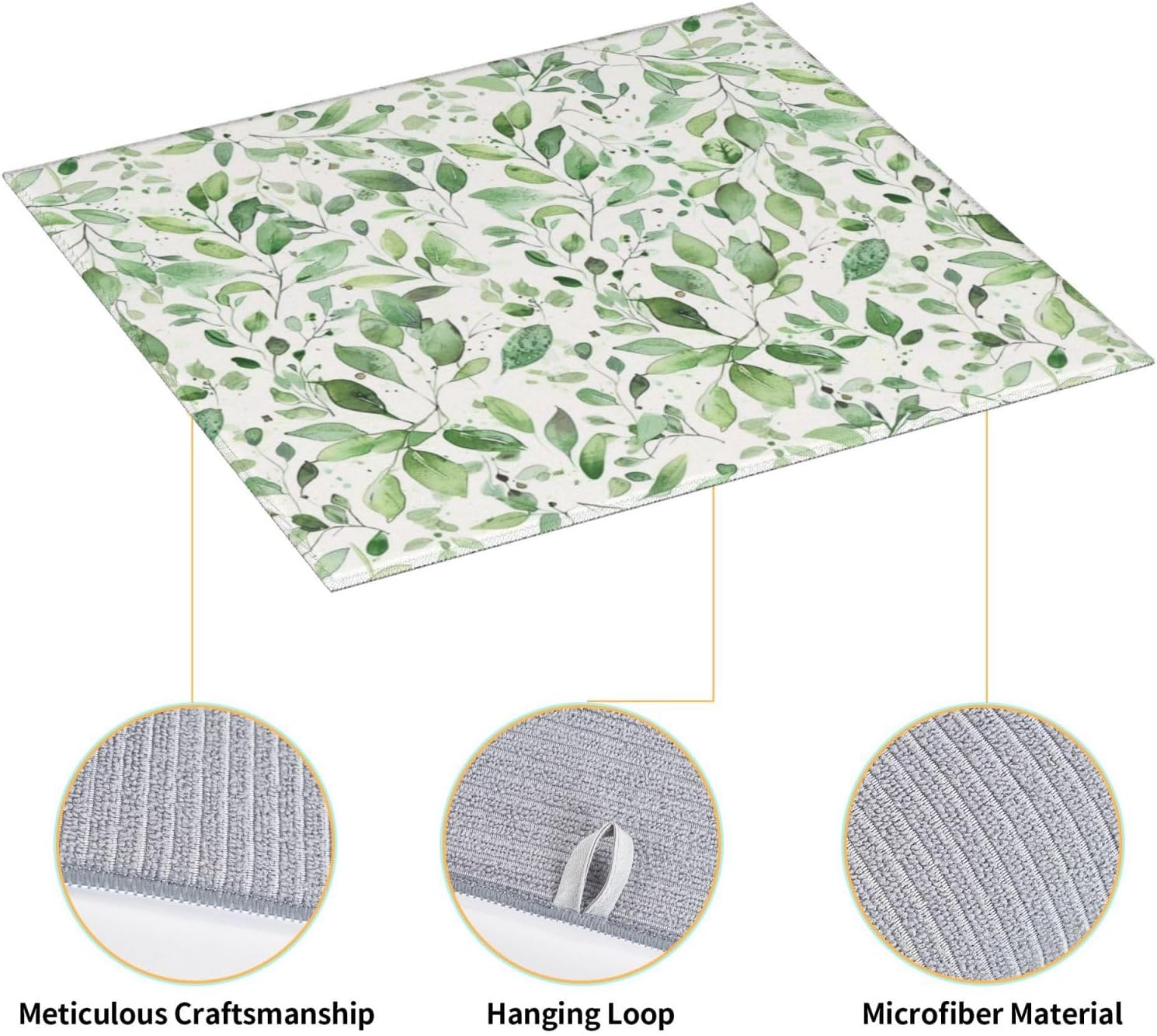 Green Leaves Dish Drying Mat, Highly Absorbent Microfiber Kitchen Counter Pad Reusable Washable, 16*18"