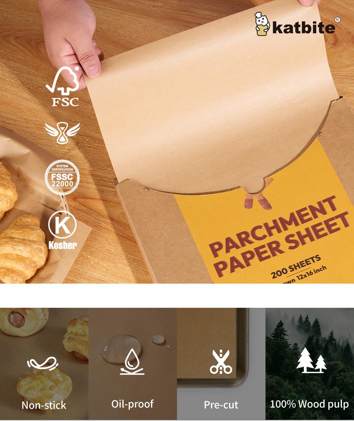 Katbite 200Pcs 12x16 In Unbleached Parchment Paper for Baking, Precut Parchment Paper Sheets, Heavy Duty Flat Baking Paper, Half Sheet Baking Sheets for Baking Cookies, Cooking, Air Fryer, Oven