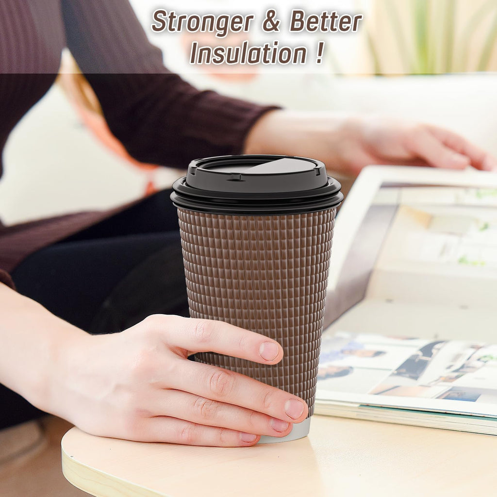 Qunclay Disposable Coffee Cups with Lids,16 oz (80 Pack) Togo Hot Paper Coffee Cup with Leak-Proof Lid To Go for Hot/Cold Beverages Insulated Reusable Drinks Corrugated Ripple Cups (Brown)