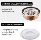 Rose Gold Mixing Bowls with Lids Set of 7, Stainless Steel Nesting Bowl with Khaki Lid for Non-slip Mixing Prepping Storing Serving, 7 Sizes-7/3.6/2.7/2.1/1.5/1/0.8 QT