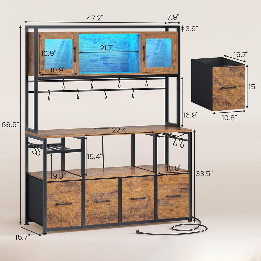 Itaar Bakers Rack with Power Outlet and LED Light, 47.2'' Microwave Stand with Storage, Kitchen Coffee Bar Cabinet with Glass Door, 4 Drawer, Wine Rack, Goblet Holder and 12 Hooks, Rustic Brown