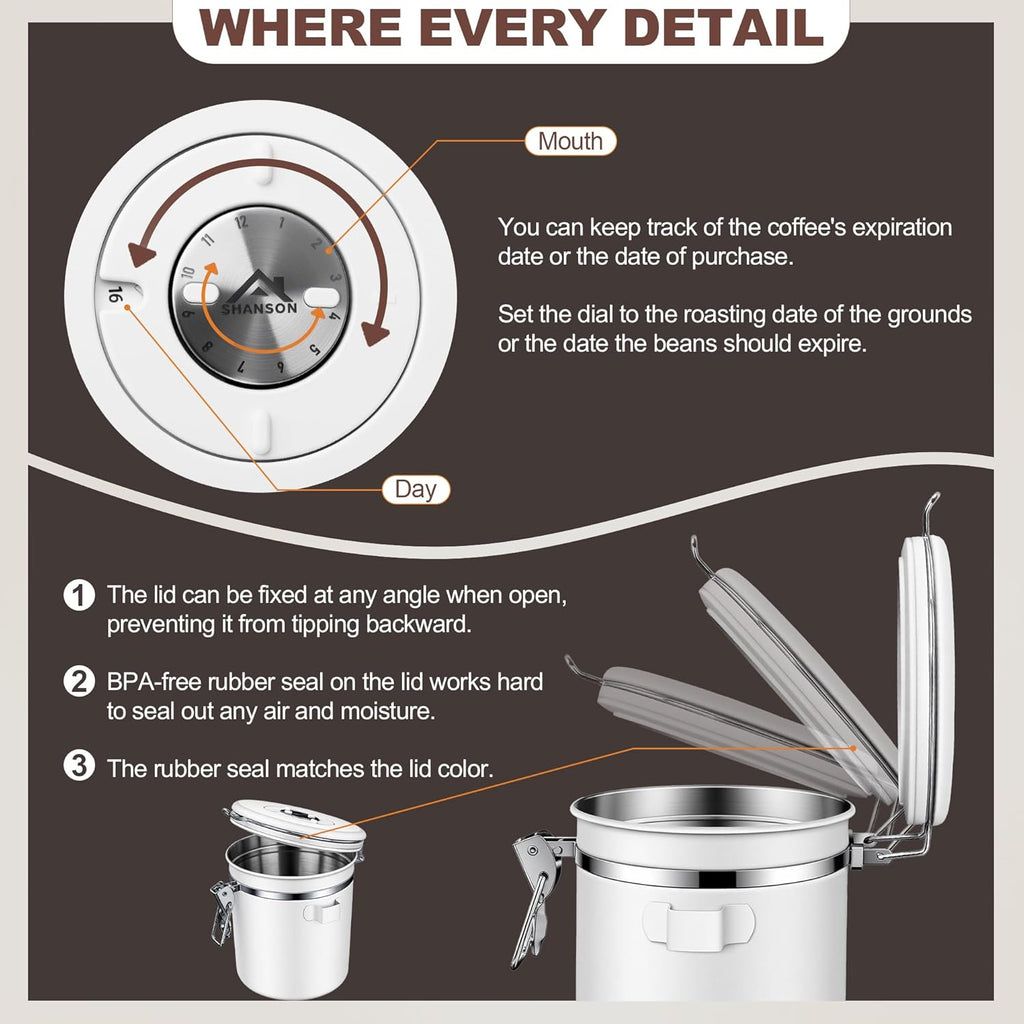 ShanSon Coffee Canister Airtight Stainless Steel Container,Home Kitchen Food Storage Organizers for Beans,Tea,Sugar,cookie,Flour,Cereal,16OZ+22OZ,White