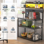 Aheaplus Bakers Rack with Power Outlet, Microwave Stand, 5 Tiers Coffee Bar Station with Led Lights, Kitchen Storage Shelf with 6 S-Shaped Hooks, Kitchen Rack Coffee Bar Stand, Black