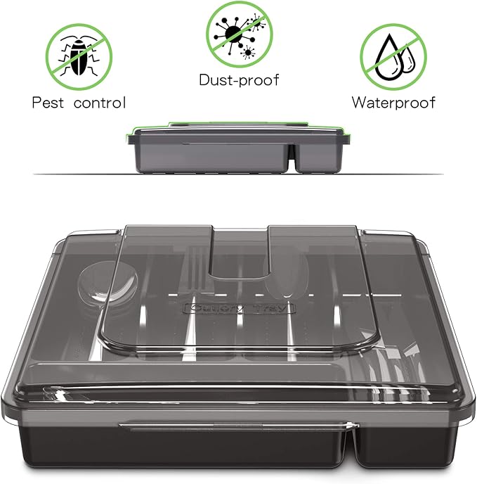 Silverware Tray with Lid, Utensil Drawer Organizer for Kitchen Countertop Plastic Flatware Organizers and Storage holder 5 Compartments Black