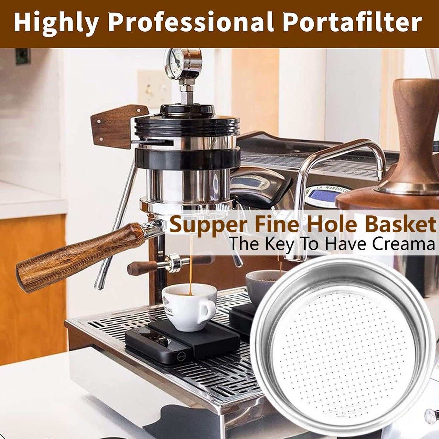54mm Coffee Bottomless Portafilter, Compatible with Breville Barista Bes 870/878/880/876/840/810/500/450 Replacement Parts Bottomless Portafilter(Reddish brown)