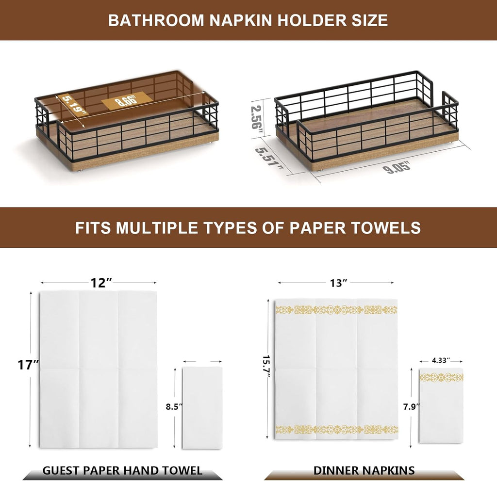 Wican Guest Towel Holder Tray for Bathroom, Acacia and Iron Napkins Holder for Powder Room Dinning Table Wooden Basket for Disposable Paper Hand Towels Black and Acacia