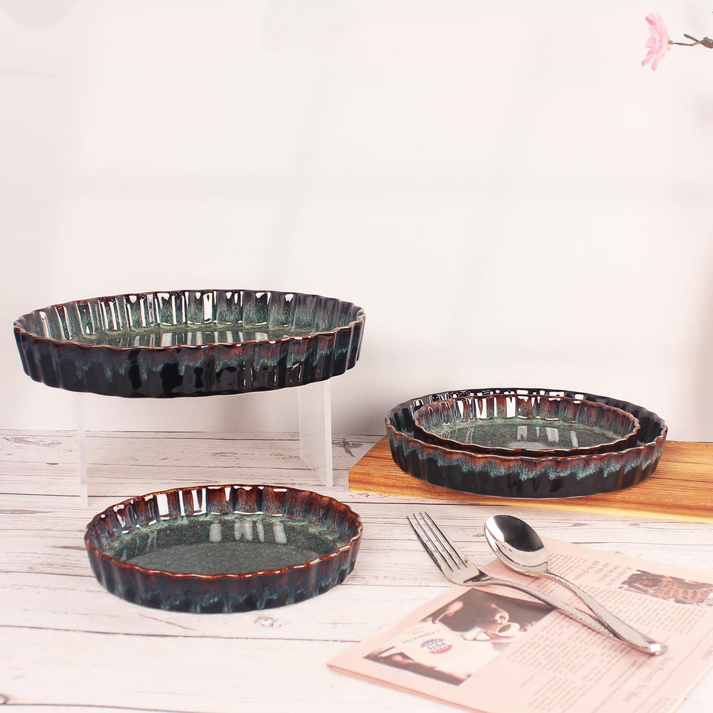 Ceramic Pie Pan Quiche Baking Dish, 11 Inch Round Ruffled Edge Au Gratin Baking Dishes, 1.4 Quart Non-Stick Pie Dish, Tart Pan, Pie Plate for Apple, Oven, Dishwasher and Microwave Safe