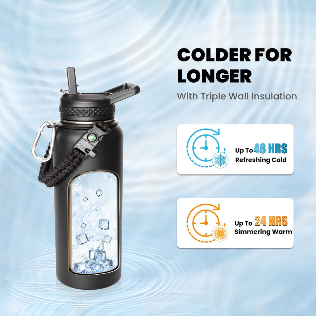 Insulated Water Bottle 32 oz, Triple Wall Vacuum Stainless Steel (Cold for 48 Hrs), Leak Proof & Non-BPA, Modern Water Flask Jug with Paracord Handle & Straw Spout Lids, Magic Black