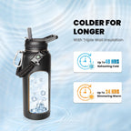 Insulated Water Bottle 32 oz, Triple Wall Vacuum Stainless Steel (Cold for 48 Hrs), Leak Proof & Non-BPA, Modern Water Flask Jug with Paracord Handle & Straw Spout Lids, Magic Black