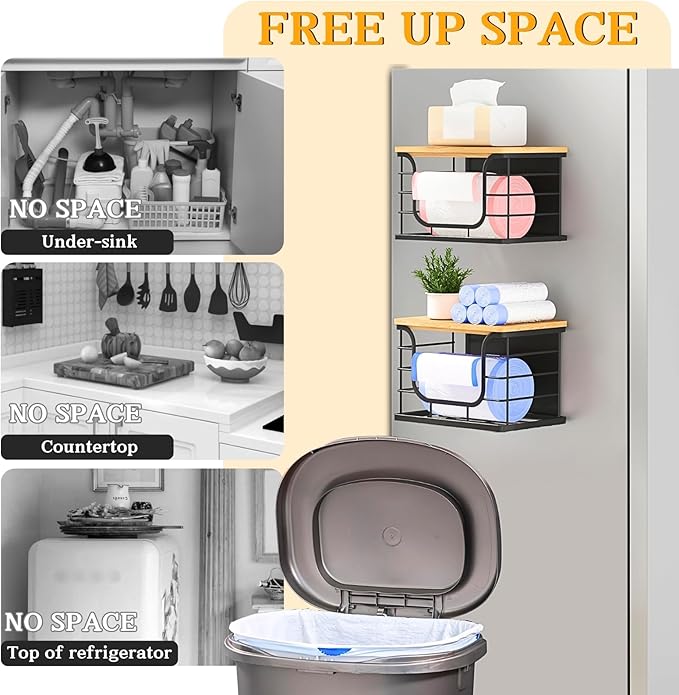 Ofiray-home Magnetic Shelf for Fridge Trash Bag Storage, 1 Pack Stackable Garbage Bag Holder with Bamboo Lid, Magnetic Storage Bin for Refrigerator, Under Sink, Kitchen Pantry Organization – Black