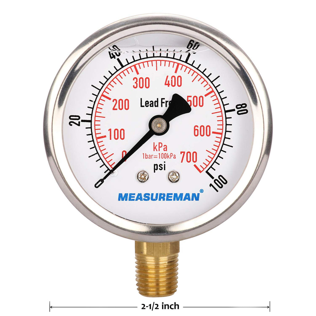 MEASUREMAN Lead-Free Pressure Gauge, 2-1/2inch Dial, Glycerin Filled, 0-100psi/kpa, Stainless Steel Case, 1/4inchNPT Lower Mount